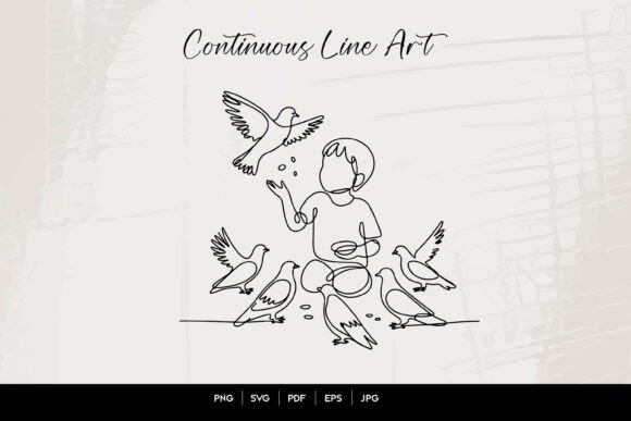 Child Feeding Birds Line Art: A Minimalist Embroidery Design That Works